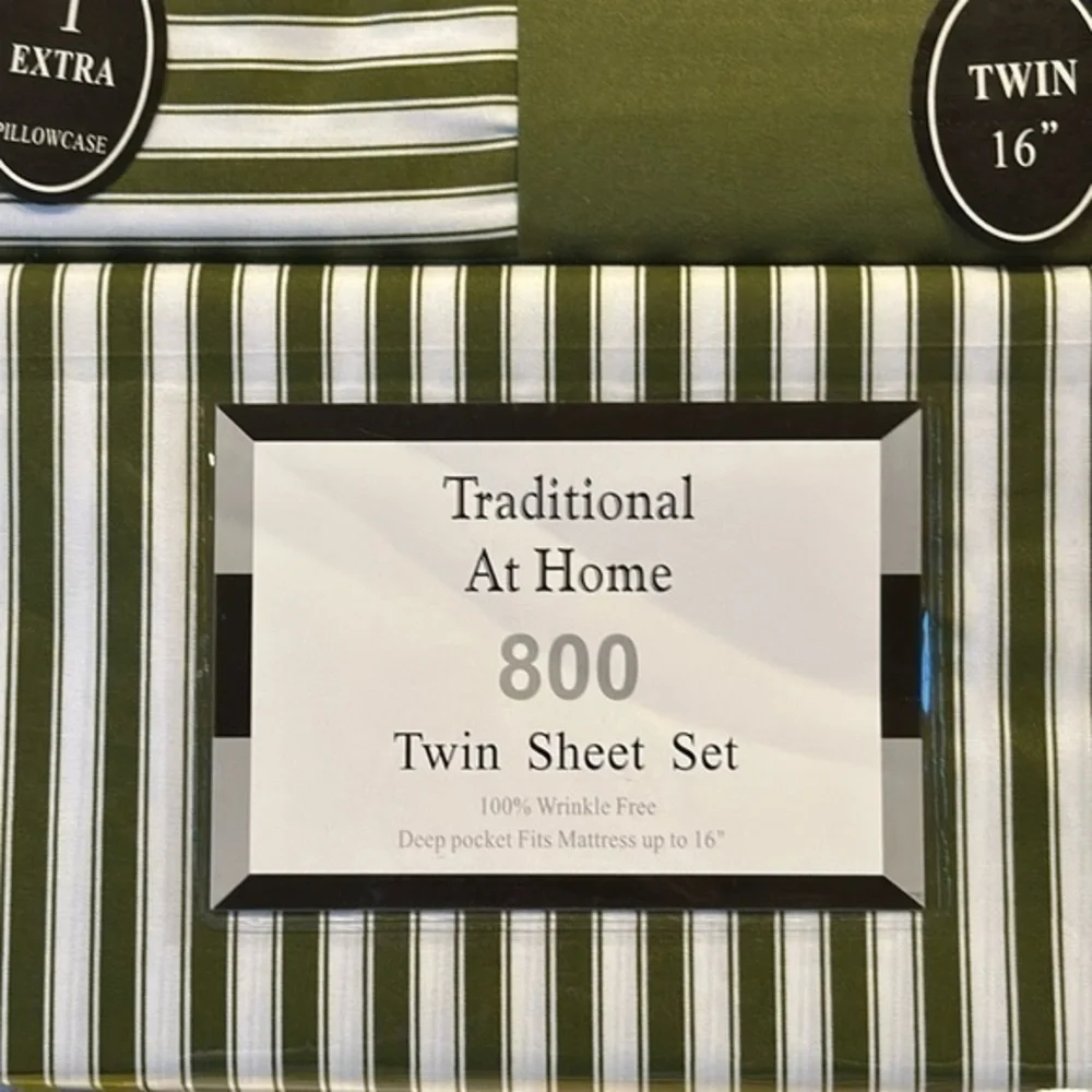Traditional At Home 4 pc Twin Sheet Set Olive Green and white stripes.